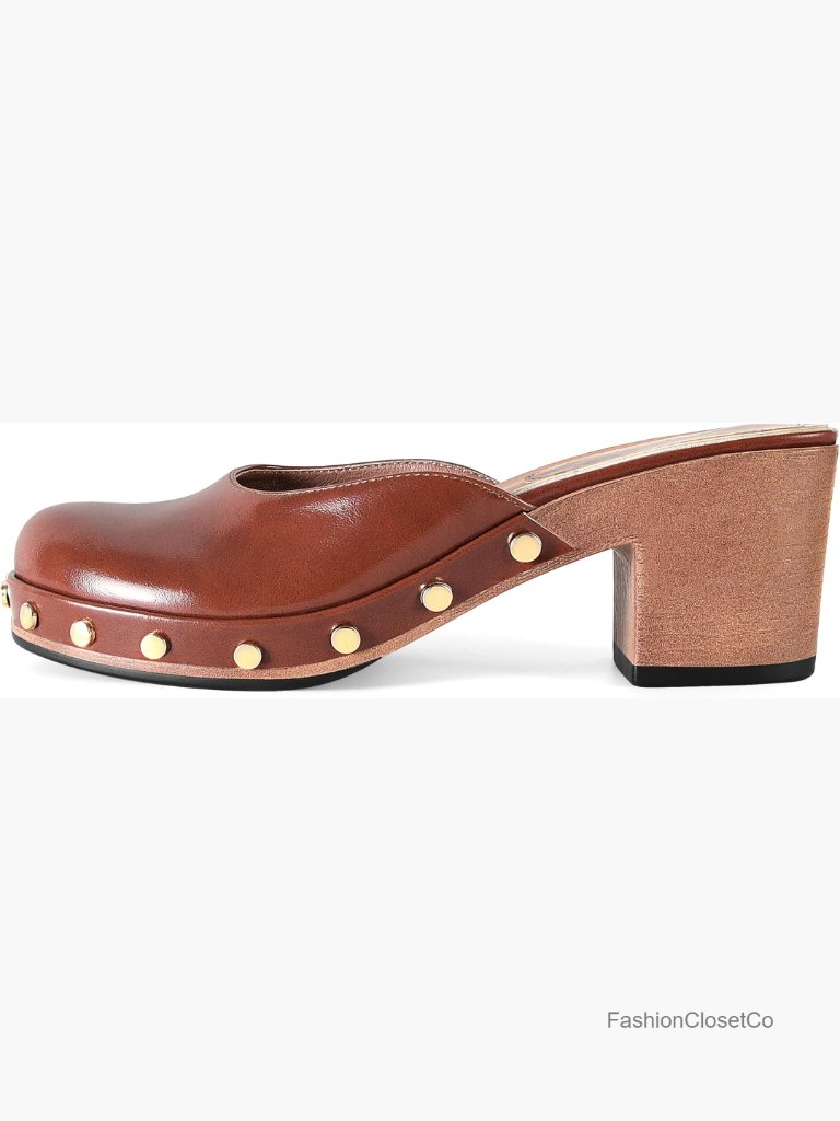 Platform Chunky Clogs Block Heel Mule Shoes With Metal Studs